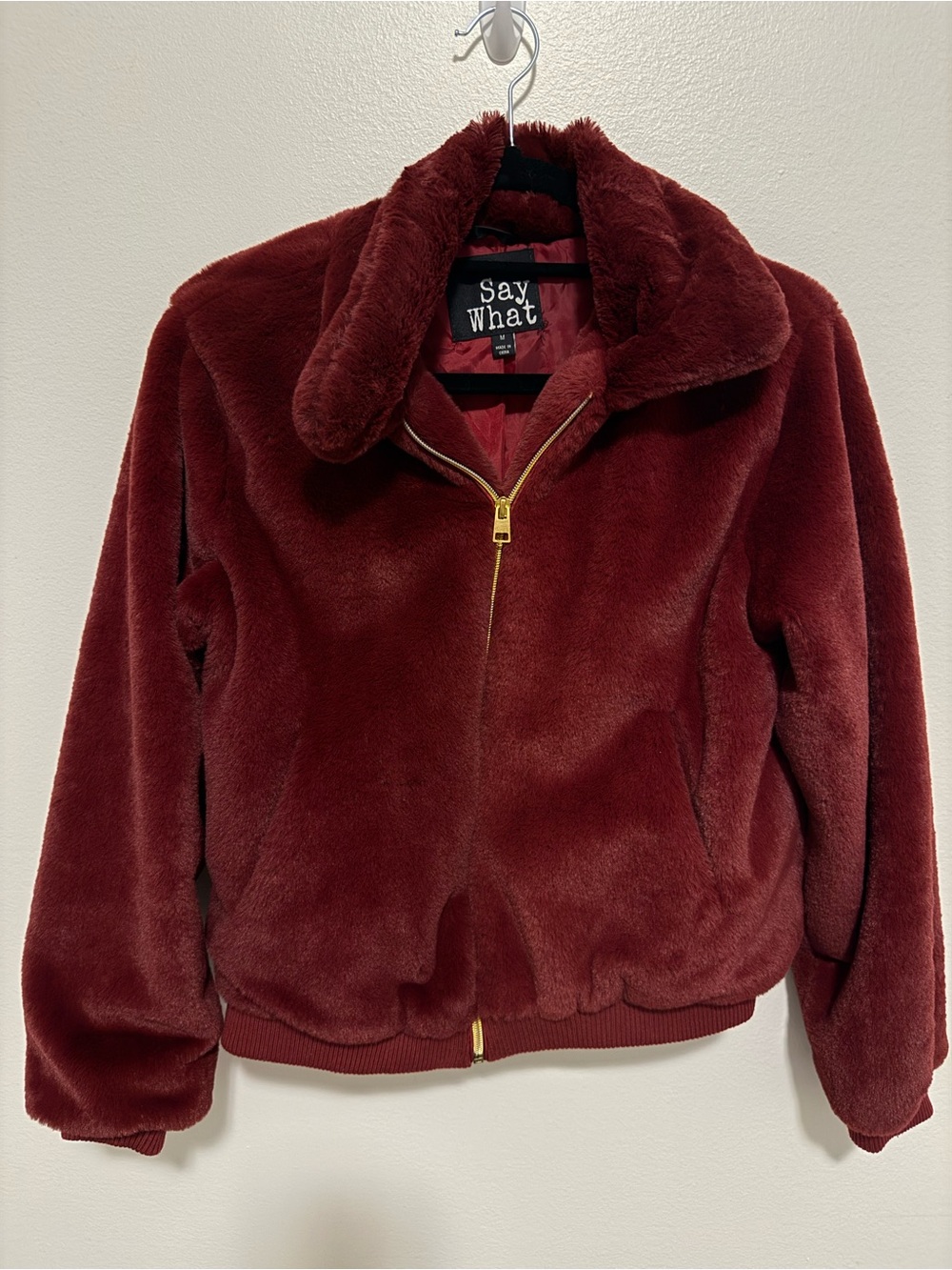 Say What? Plush Teddy Bomber Jacket in Deep Burgundy with gold hardware
